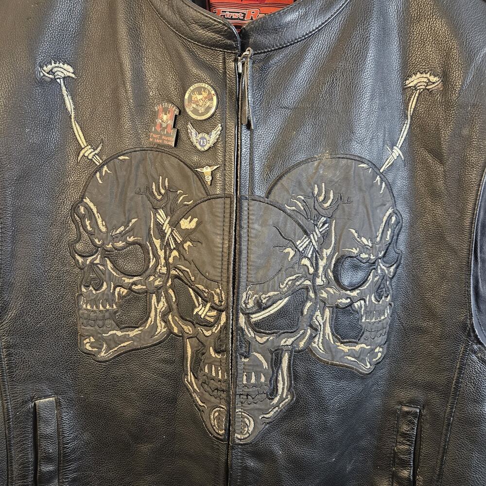 First Racing Leather Vest Mens 5X Black Biker Skull Graphic Full Zip Pockets - Picture 2 of 9